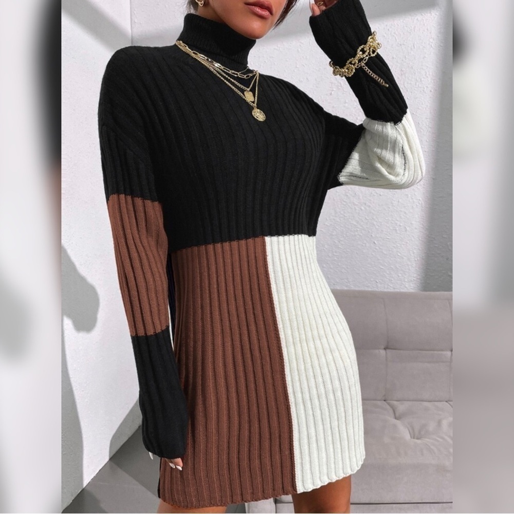 Shein Color Block Knit Mock Neck Dress